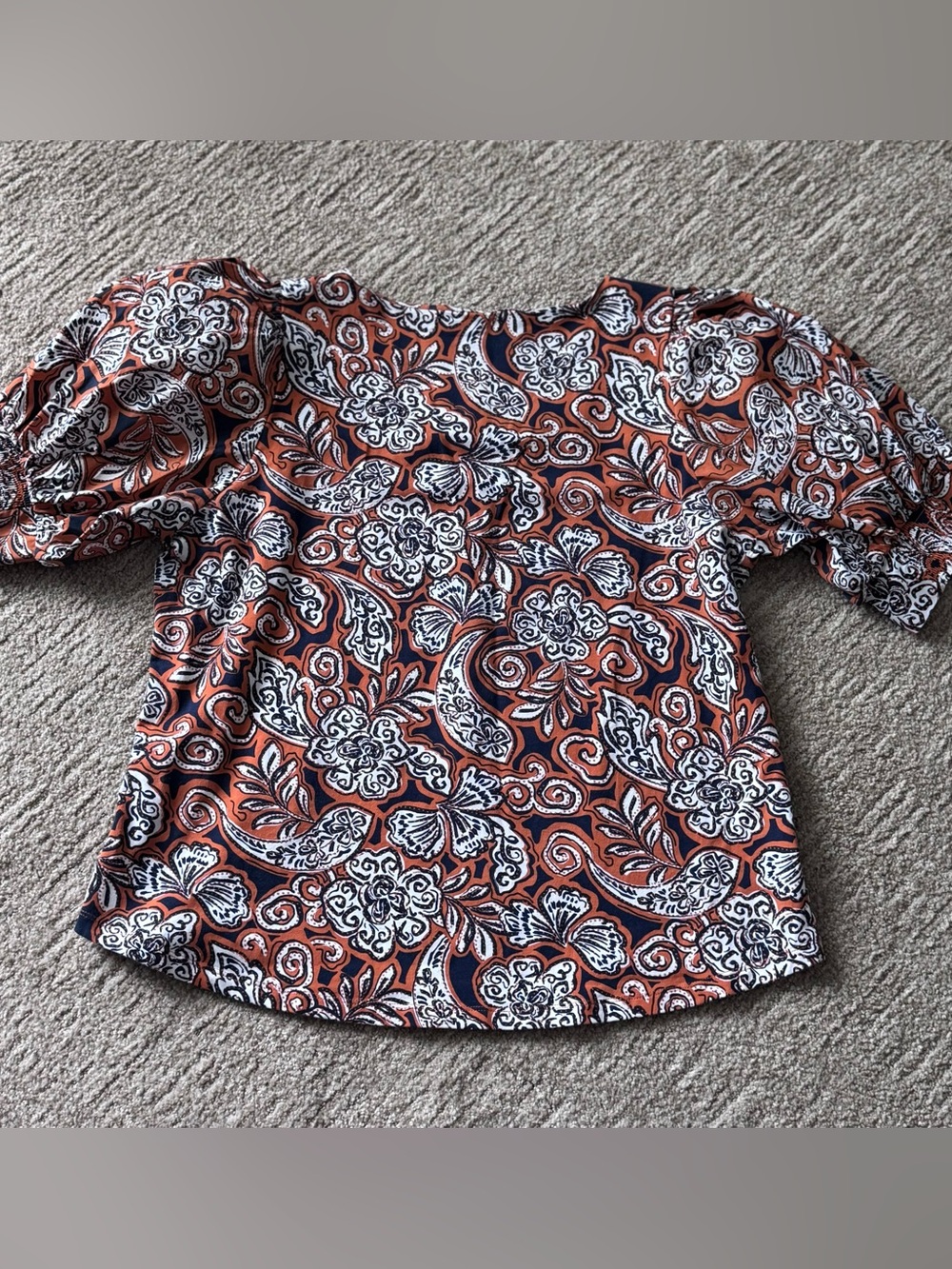 Chico's 3 paisley square neck puff sleeve blouse XL rust orange navy floral boho - Picture 9 of 9